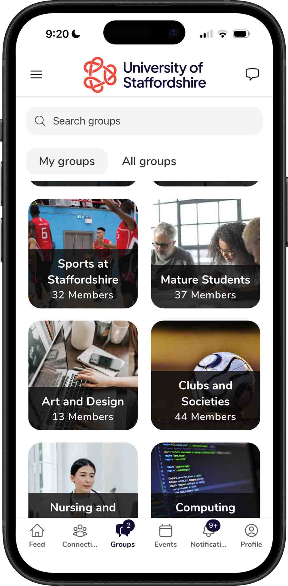 Screenshot of the Staffs Campus Connect app, showing a selection of the groups available including Sports at Staffordshire, Mature Students and Clubs and Societies.