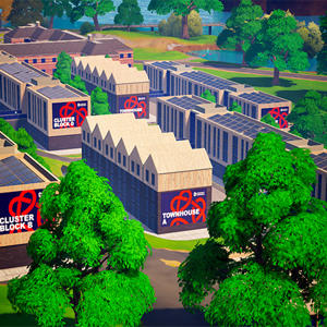 A virtual recreation of accommodation blocks surrounded by greenery